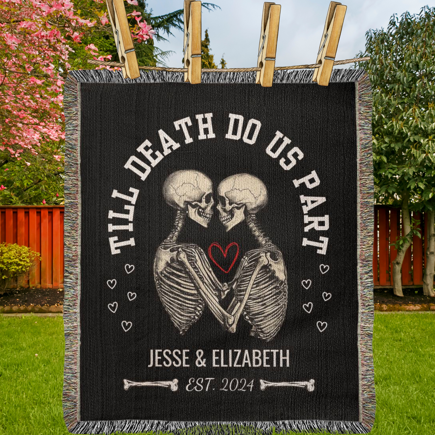 Bride and Groom Gothic Skeleton Heirloom Woven Halloween Anniversary Blanket Gift